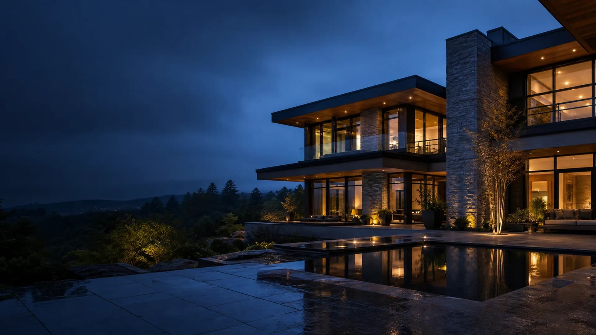 Original illustrative dusk exterior of a warm-lit modern home