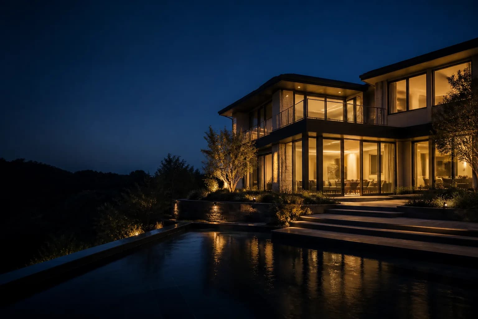 Illustrative dusk exterior of a professionally photographed modern home