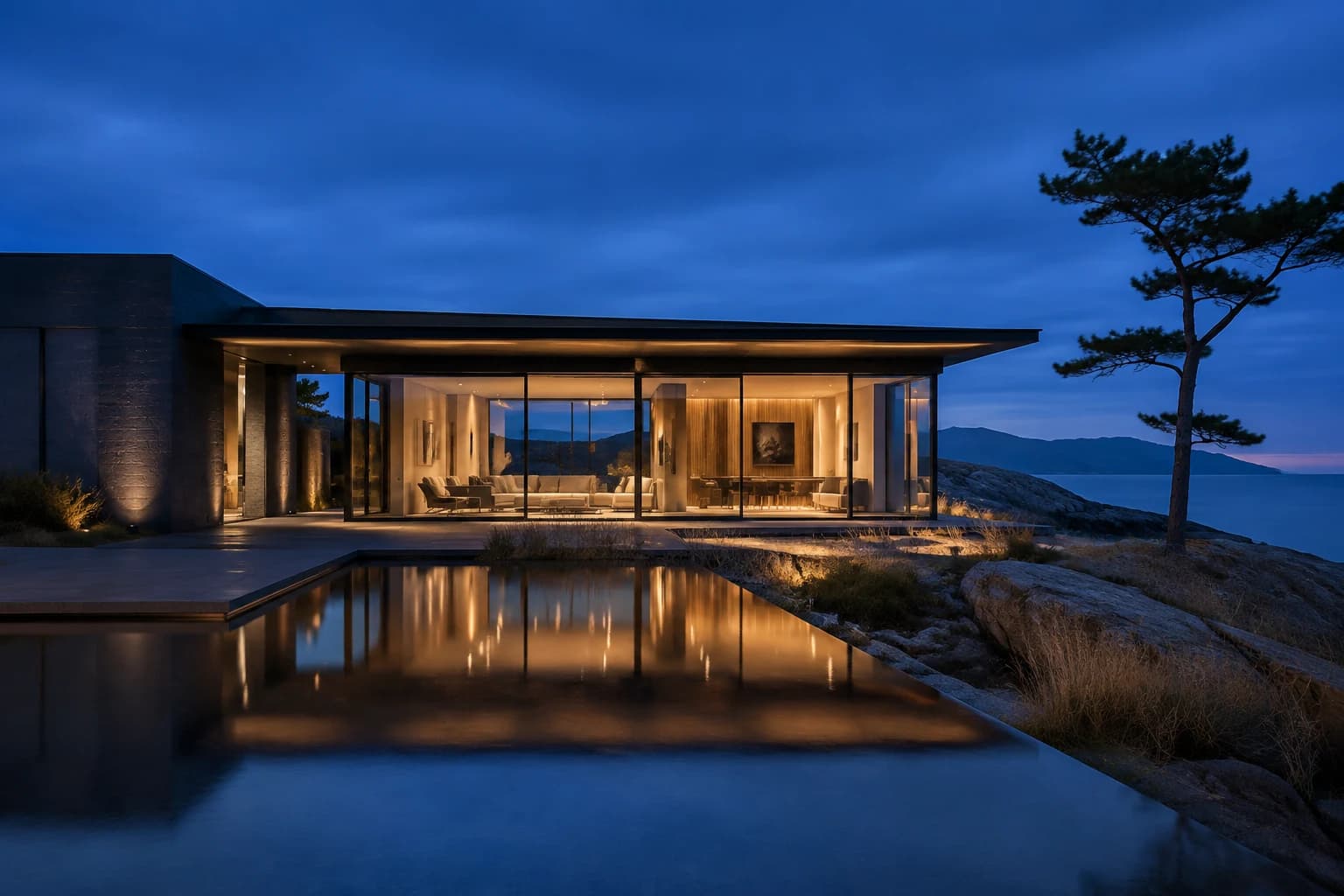 Illustrative coastal house at blue hour with warm windows