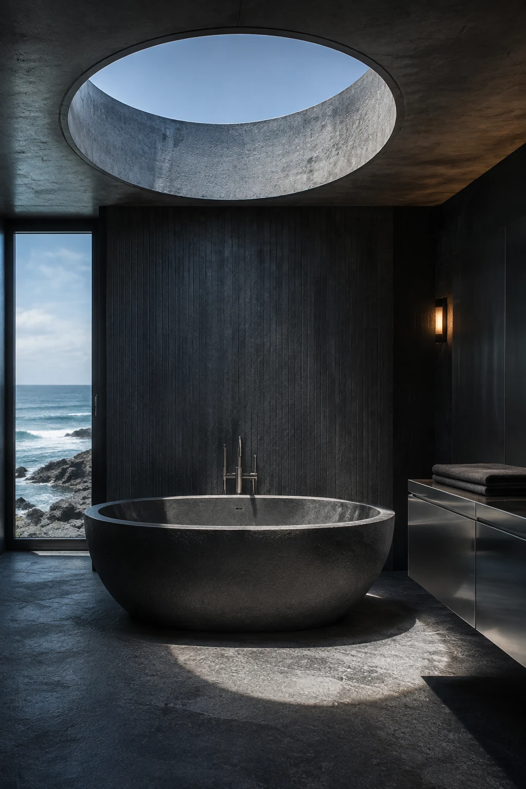 Illustrative dark stone bathroom with a circular skylight