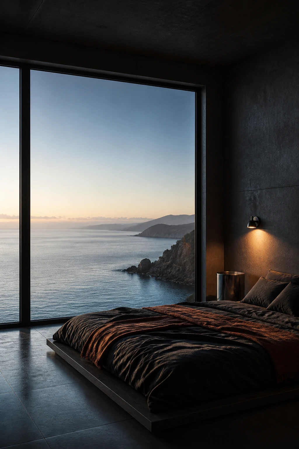 Illustrative coastal bedroom with dark linen and a silver-blue ocean view