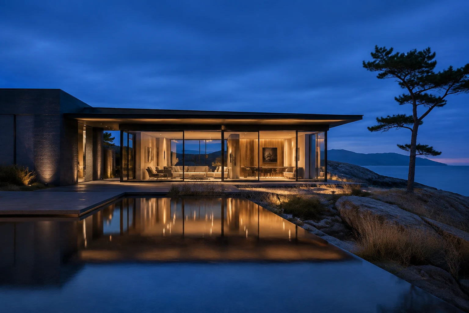 Illustrative dusk exterior of a warm-lit modern home