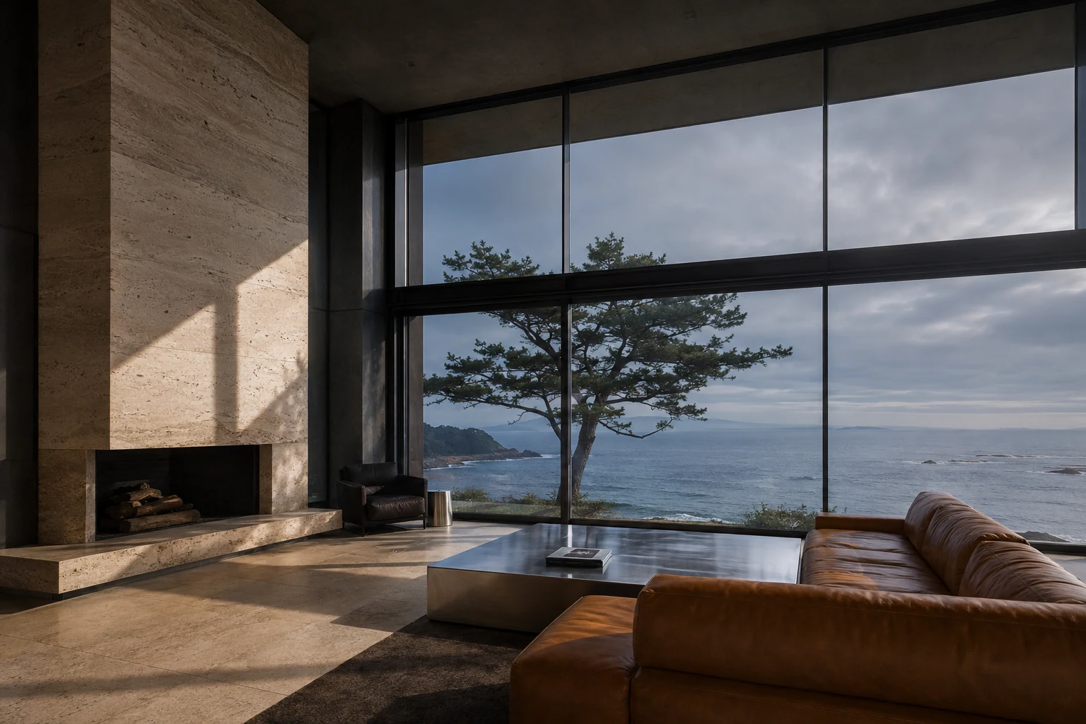 Illustrative coastal living room with sharp daylight, basalt and caramel leather