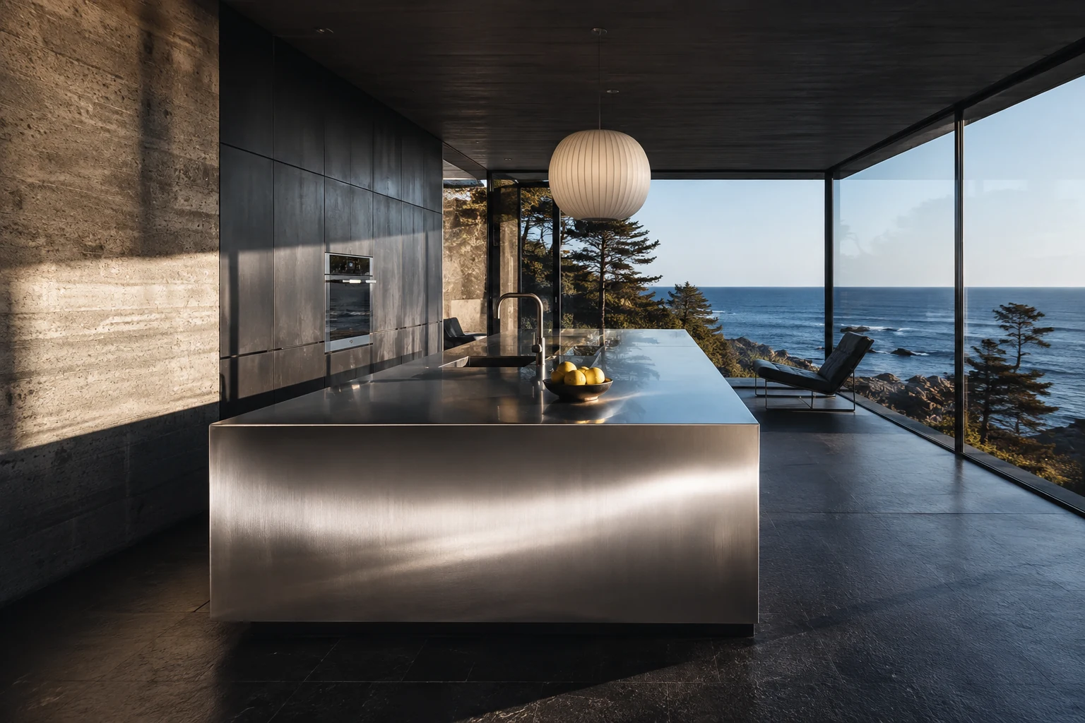 Illustrative coastal kitchen with a sculptural stainless steel island